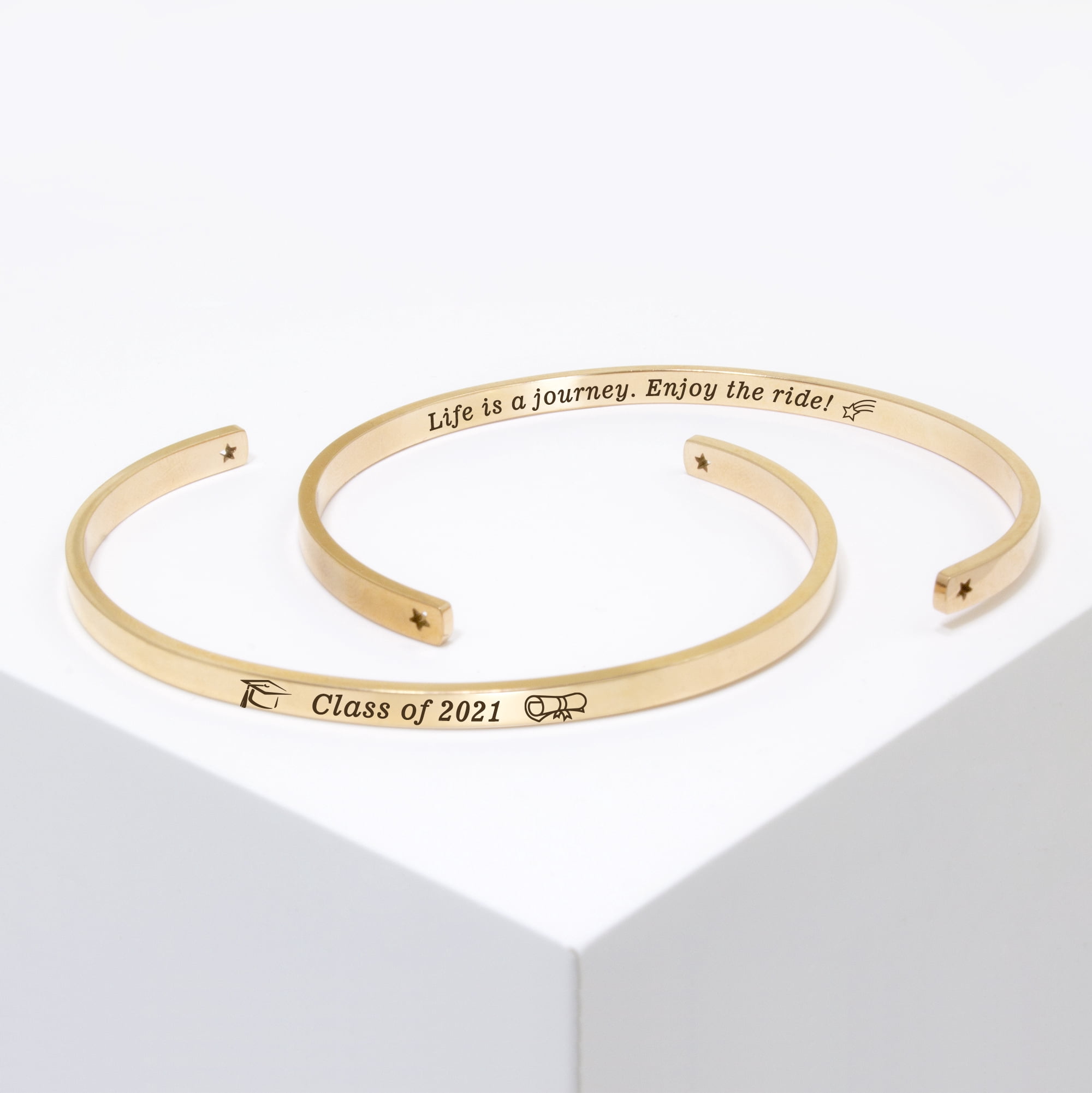 "Life is a journey…" Rose Gold Stainless Steel Graduation Theme Hidden Message Gift for Her Cuff Bracelet with Gift Set