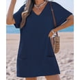 thumbnail image 5 of Swimsuit Coverup for Women Waffle Knit V Neck Short Sleeve Beach Coverup Dress with Pockets Dark Blue XXL, 5 of 8