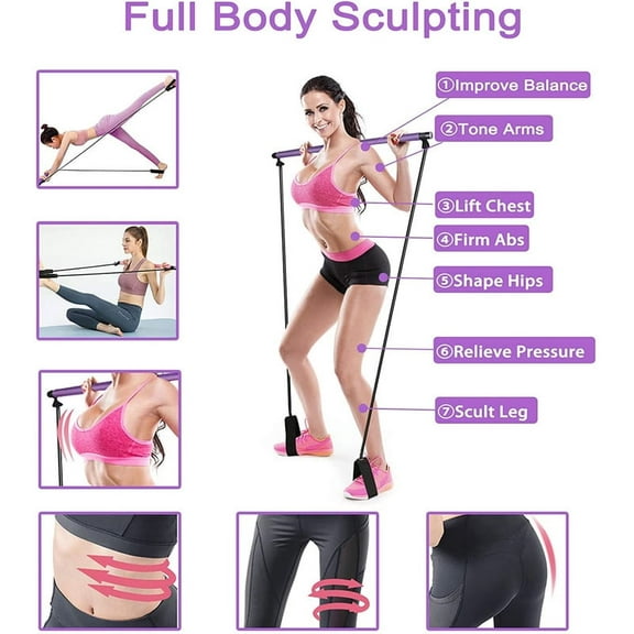 Home Fitness Yoga Exercise Portable Foot Loop Pilates bar Stick Kit with Resistance Bands