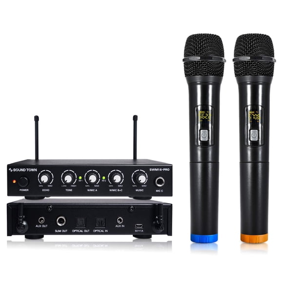 Sound Town Système de Mélangeur Karaoké avec Microphone Sans Fil à 16 Canaux, avec Optique (Toslink), AUX et 2 Microphones Portatifs - Prend en Charge la Télé Intelligente, le Thé à la Maison