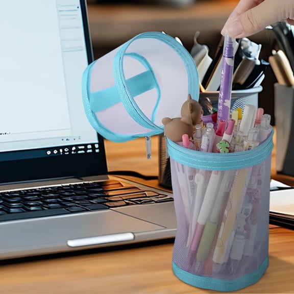 Cylindrical Mesh Pen Bag (7.87x3.74'') - Transparent Gauze Organizer with Large Capacity, Multi-Use Storage for Campus/Office/Home, Stylish Round Pencil Case