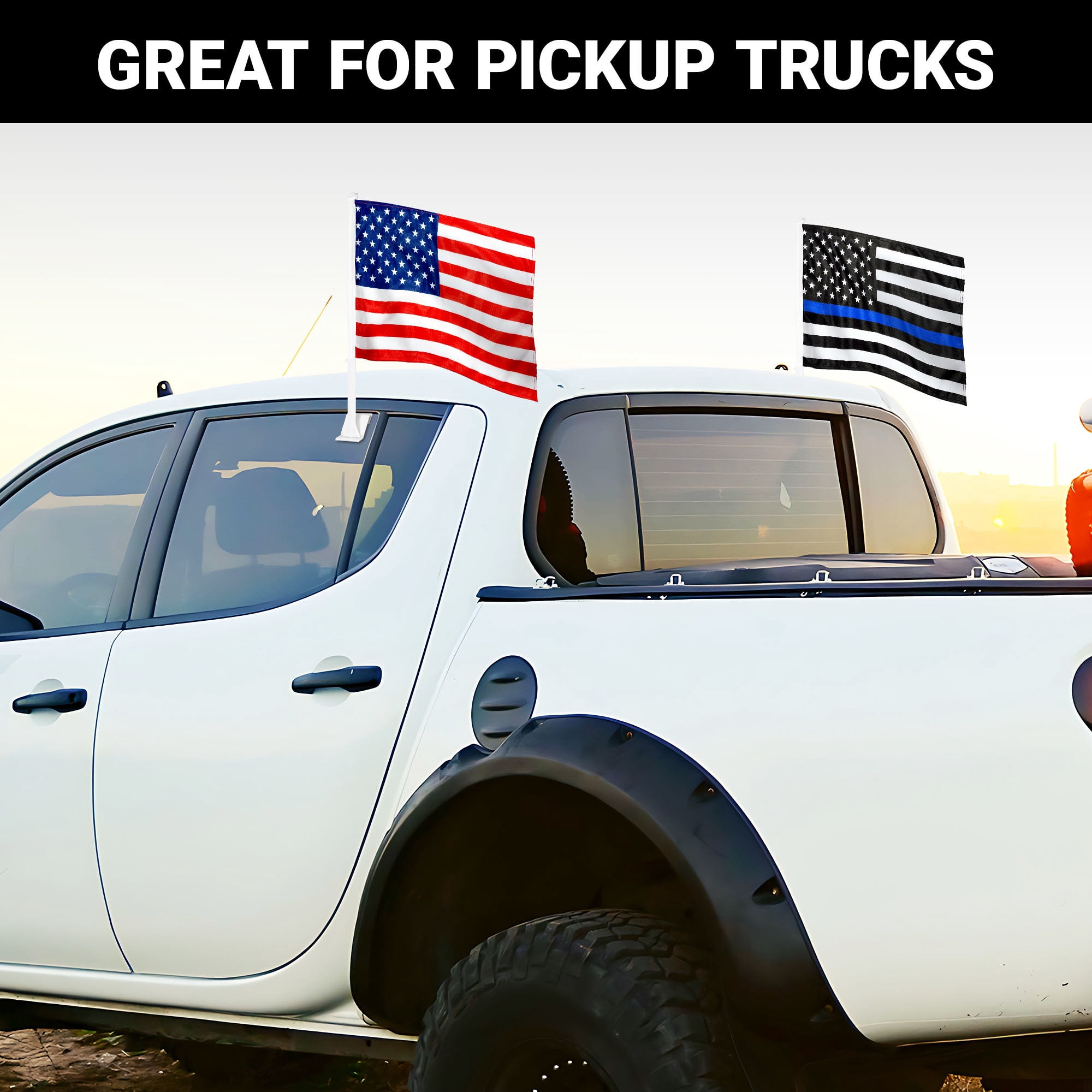 G128 Combo Pack: American USA Car Flag & Thin Blue Line Car Flag 11x17 In | Both Double Sided Printed 150D Polyester | Flagpole Included | Perfect for Festival Celebrations, Parades