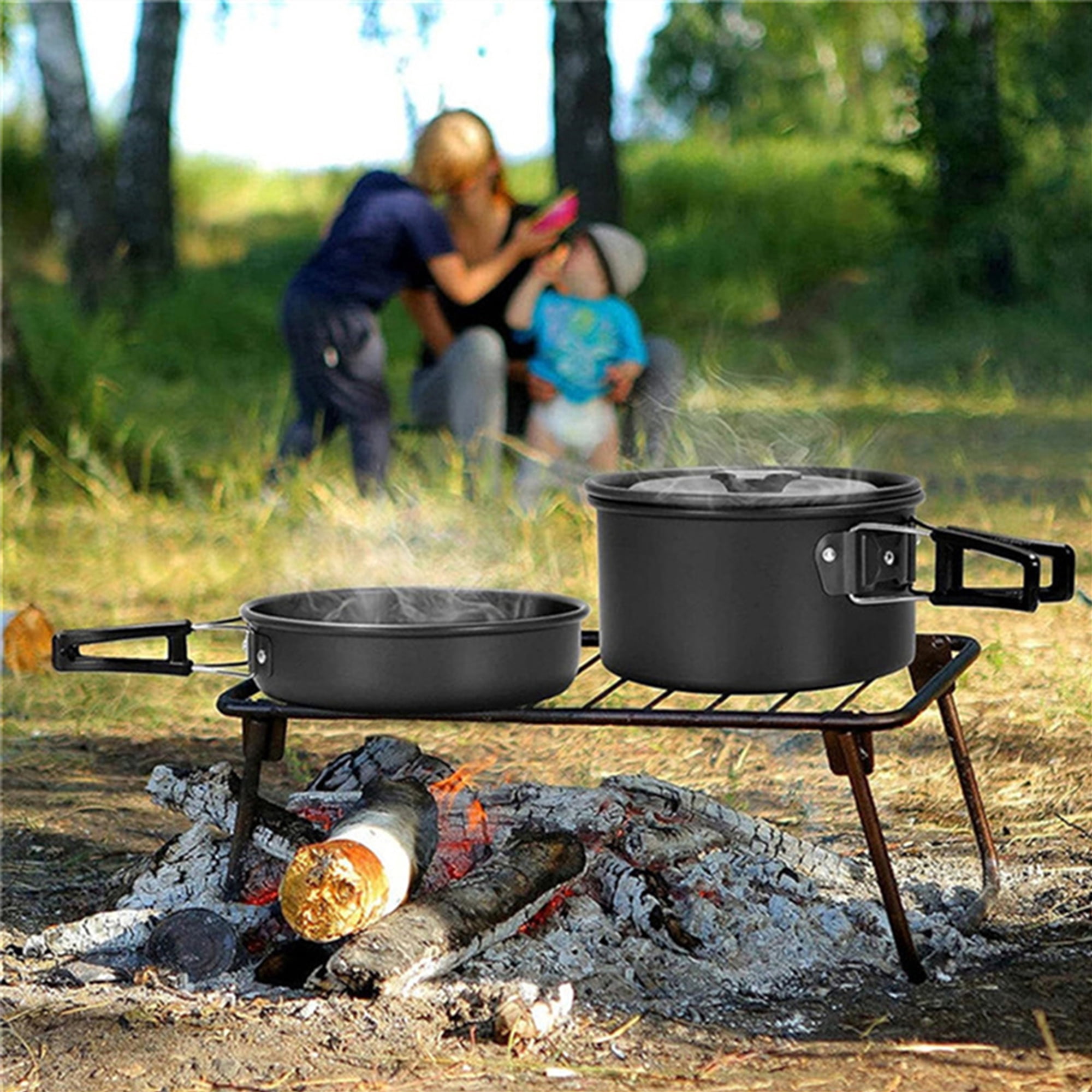 17pcs Camping Cookware Kit, 0.45Gal Pot, 7" Pan, 0.30Gal Kettle Set with 2 Set Stainless Steel Cups Plates Forks Knives Spoons for Hiking