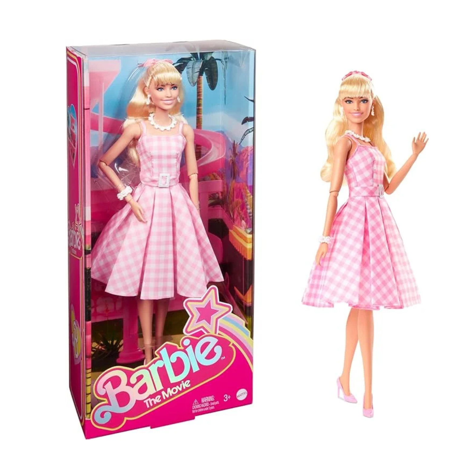 Barbie Doll Margot Wearing Pink and White Gingham Dress Bundled with Magazine
