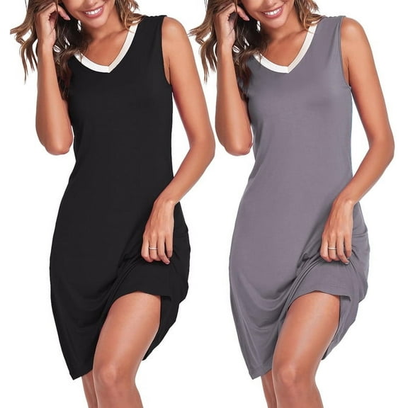 ANLIQI Bamboo Nightgown for Women Sleeveless SleepShirt V Neck Nightshirt Comfy SleepShirt Casual Pajama Dress(Black&Grey,L)