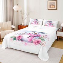 Homewish Kawaii Pink Snowman Twin Sheet Sets for Child, Watercolor Rose Flower Twin Fitted Sheet, Happy New Year Flat Sheet, Super Cozy Room Decor, 3 Pieces