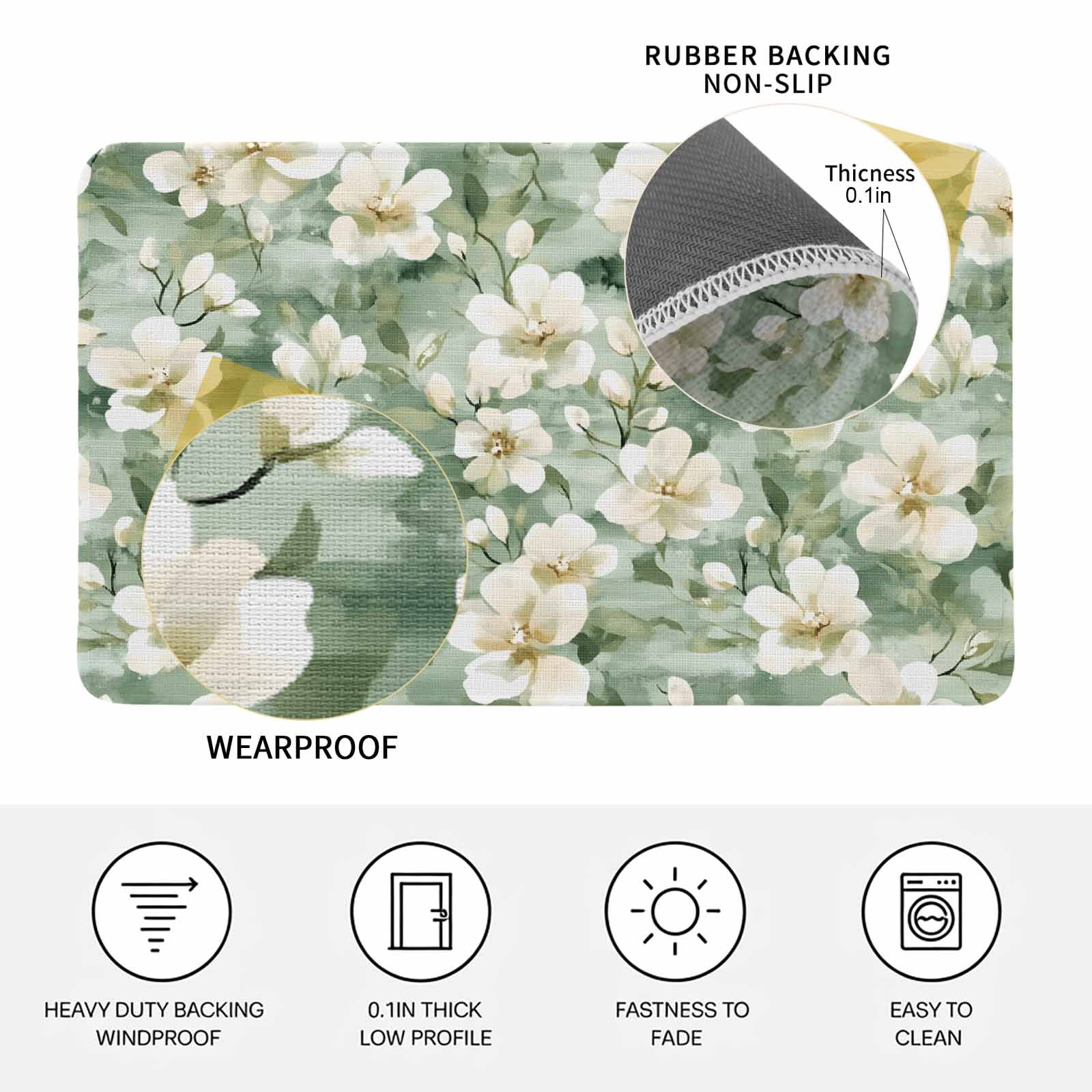 Sage Green Spring Floral Doormat Outdoor Entrance 18"x30", Summer Botanical Farmhouse Absorb Moisture Dirt Door Mats, Non-Slip Rubber Backing Floor Mats Indoor, Low-Profile Front Door Rugs