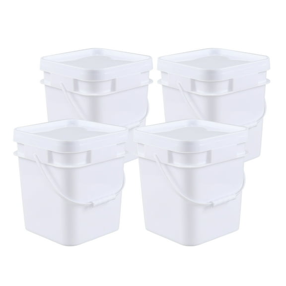 Ponpong 4-Pack Food Grade Bucket with Airtight Lids, Square Bucket with Plastic Handles, 3 Gallon, White
