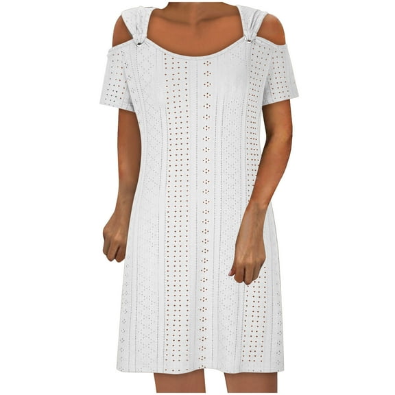 Diufon Summer Casual Dresses for Women Round Neck off Shoulder Short Sleeve Dress Solid Color Dress