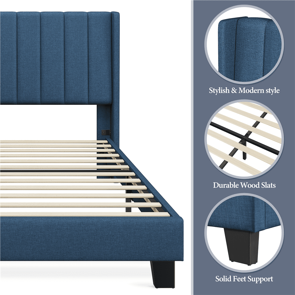 Topeakmart Queen Platform Bed with Upholstered Headboard & Mattress Foundation, Navy Blue