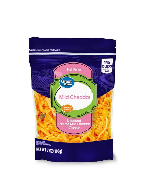 Great Value Shredded Fat Free Mild Cheddar Cheese, 7oz Bag