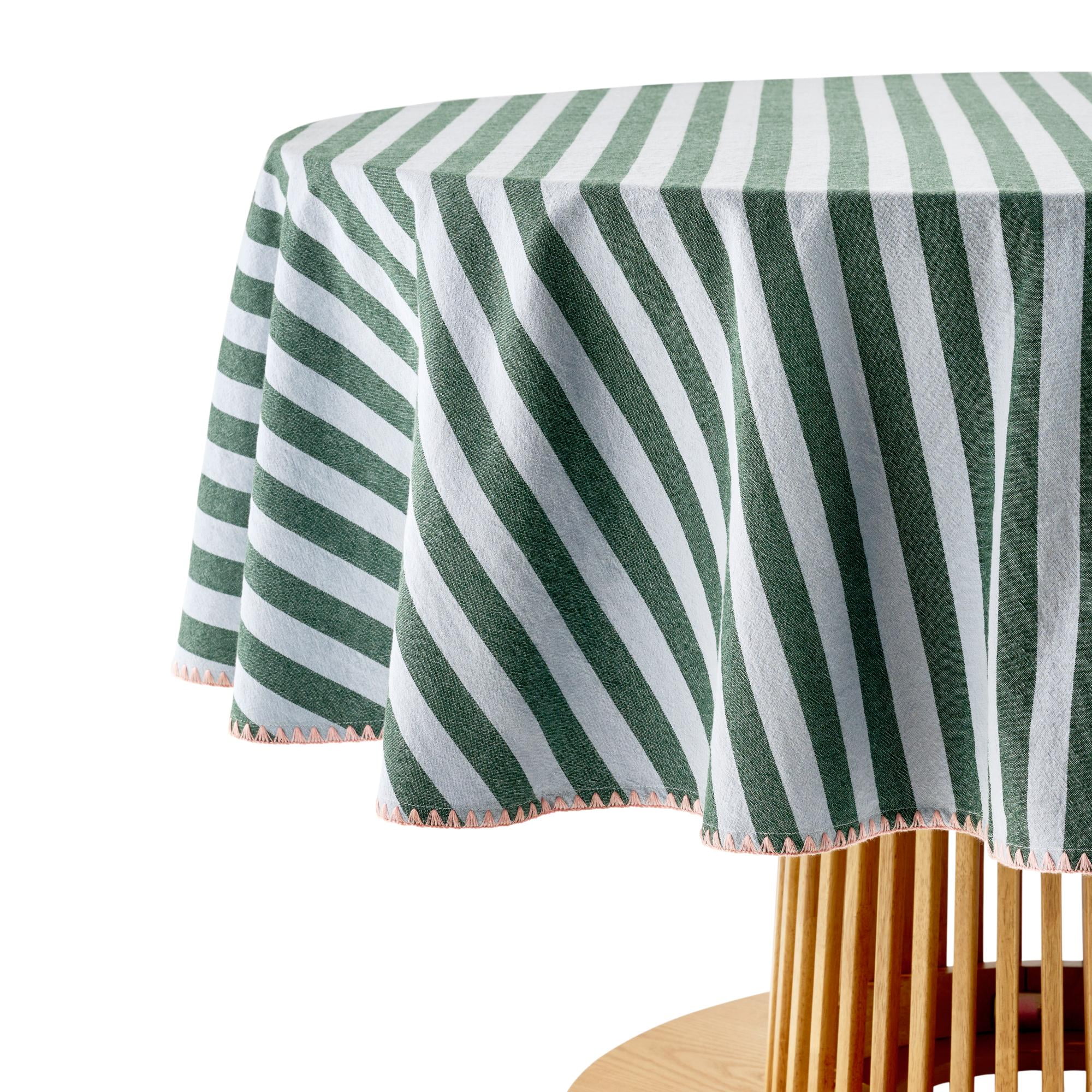 Beautiful Home by Drew Barrymore Yarn Dyed Stripe Whipstitch Fabric Tablecloth, Thyme Blue, 70" Round