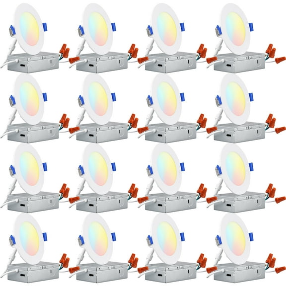 16 Pack 4" 5CCT Dimmable LED Recessed Light with J-Box, 2700K/3000K/3500K/4000K/5000K Selectable, 10W LED Downlight, Aluminum