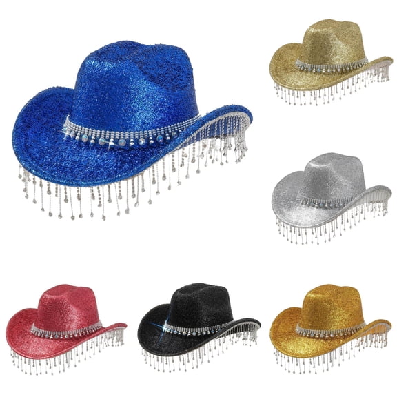 Zijinkuiwen Unisex Glitter Cowboy Hat with Fringe Rhinestone Tassel Chain Band Wide Brim for Western Themed Party Cosplay Country Music Festival Gathering,Blue,One Size