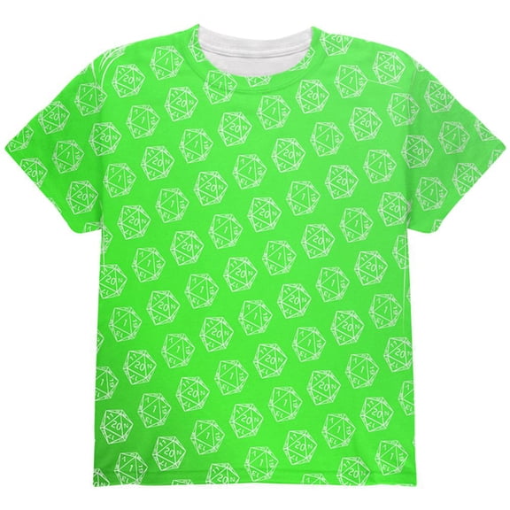 D20 Gamer Critical Hit and Fumble Green Pattern All Over Youth T Shirt Multi YLG