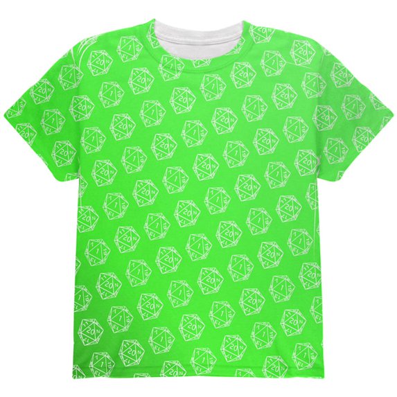 D20 Gamer Critical Hit and Fumble Green Pattern All Over Youth T Shirt Multi YLG