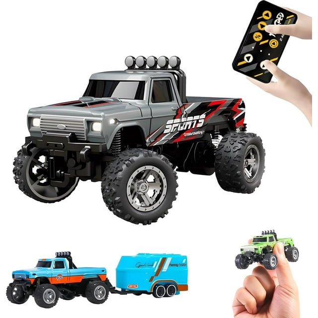 Mini Camion Monstre RC, Voiture Télécommandée, Camion Monstre à l'Échelle 1:64 avec Lumières, Camion Monstre RC 2,4 GHz, Semi-Remorque Télécommandée Rechargeable avec Remorque, Vitesse/direction Réglables