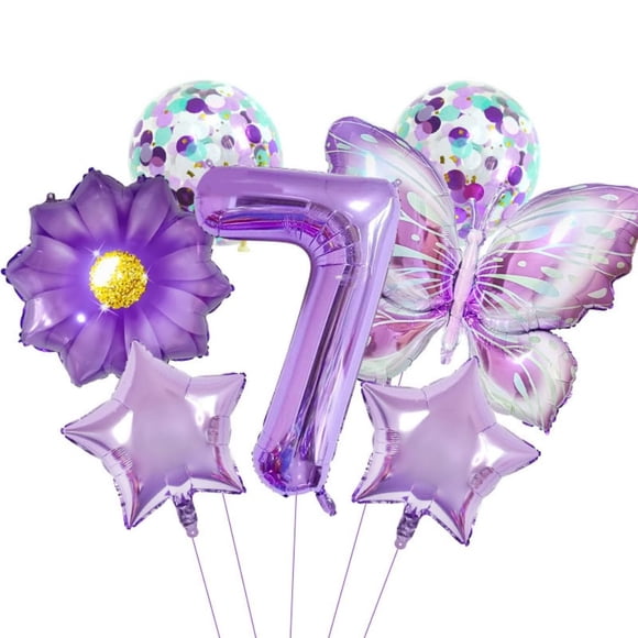 Set de globos HAUCIAJEIN para 7.º cumpleaños con mariposas, 7 piezas, morado