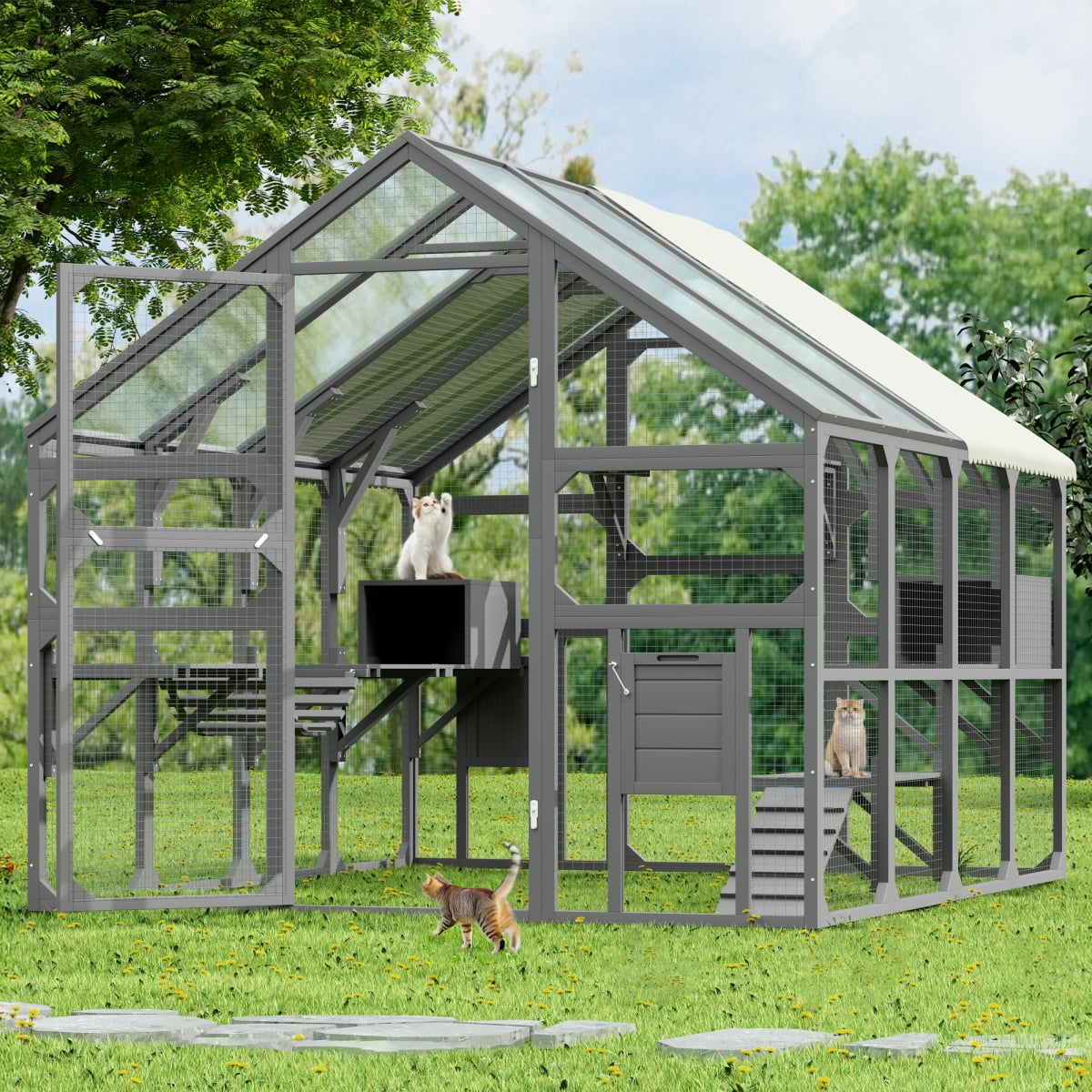 Large Catio Outdoor Cat Enclosure for Multiple Cats, Wooden Cat House with 7 Platforms and Bridge, Walk-in Kitty Cage with Sunshine Board Roof, Gray,Ships 2 Pkgs