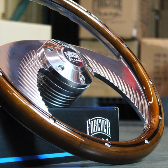 14" Chrome Polished Wood Steering Wheel"