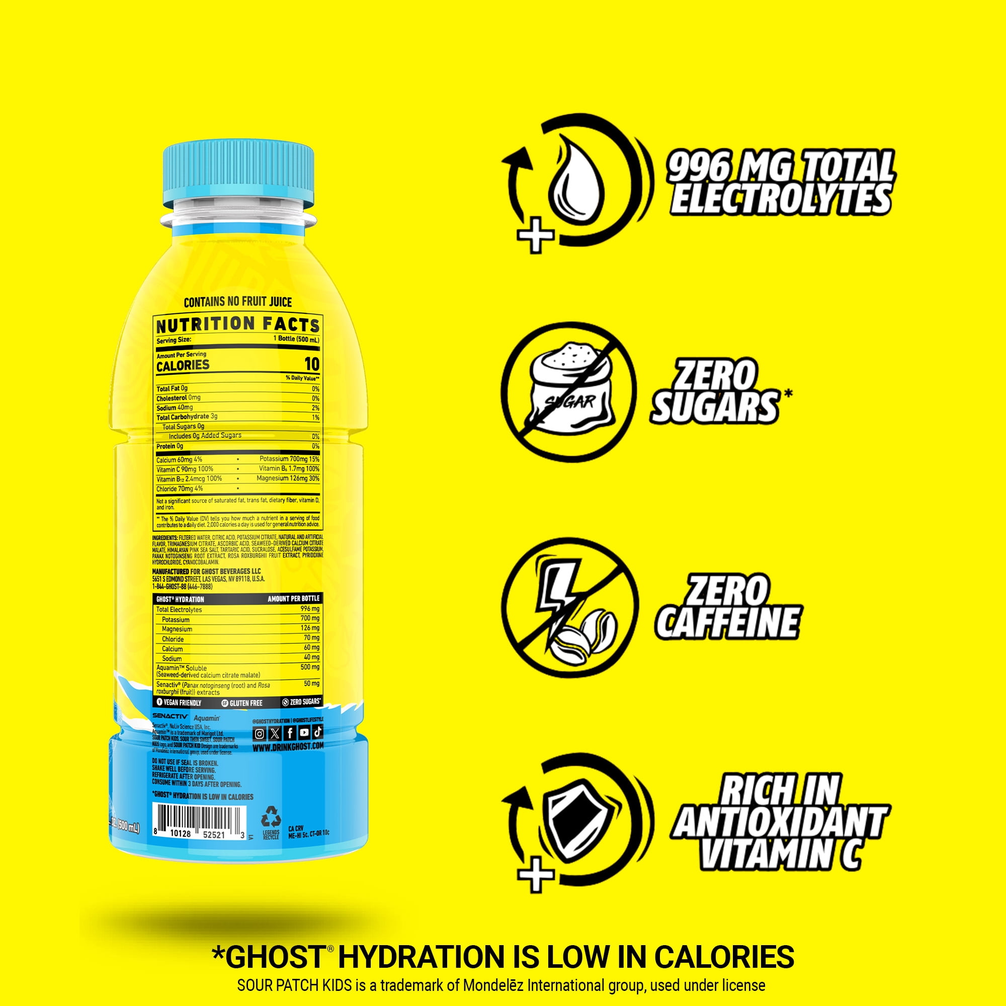 Ghost Hydration SOUR PATCH KIDS Blue Raspberry Sports Drink, 16.9 fl oz, 12pk