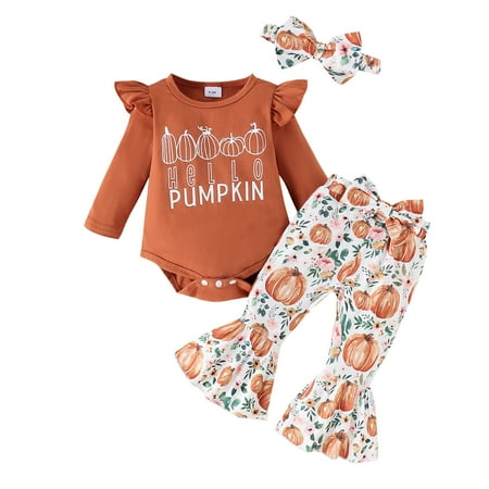 

KUNKASA Casual Clothes Set For Boys Girls Infant Long Sleeve Halloween Romper Bodysuit Cartoon Prints Bell Bottoms Pants Outfits Shirts 3-6 Months