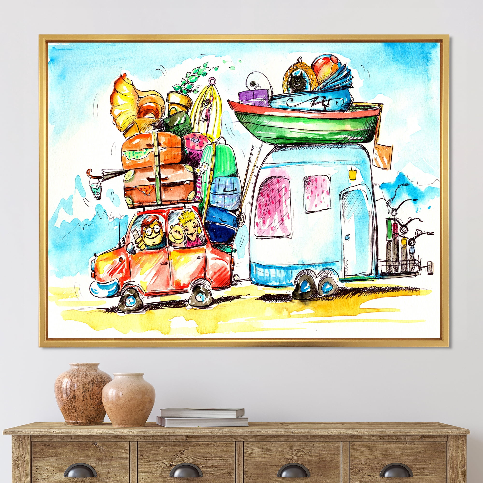 Designart 'Caravans With Family Travel' Farmhouse Framed Canvas Wall Art Print