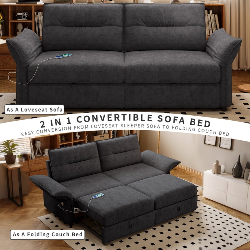 85" Convertible Sofa Bed, 2-in-1 Sleeper Sofa with Plush Fabric, Full-Size Pull-Out Couch with USB Charging Ports, Solid Wood Frame, High-Resilience Foam for Living Room & Small Space