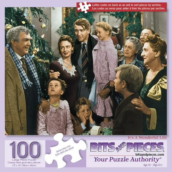Bits and Pieces - 100 Piece Jigsaw Puzzle for Seniors - 15" x 19" - It's a Wonderful Life - 100 pc Large Piece Lettered Pieces Christmas Family Jigsaw