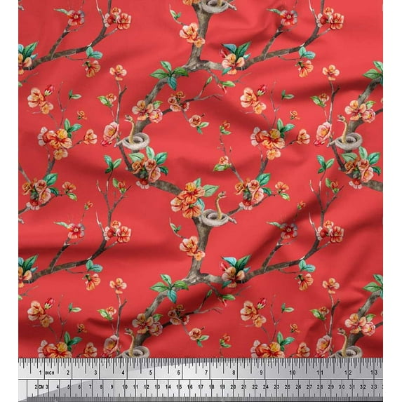 Soimoi Georgette Viscose Fabric Snake,Leaves & Blossom Floral Print Fabric by the Yard 42 Inch Wide