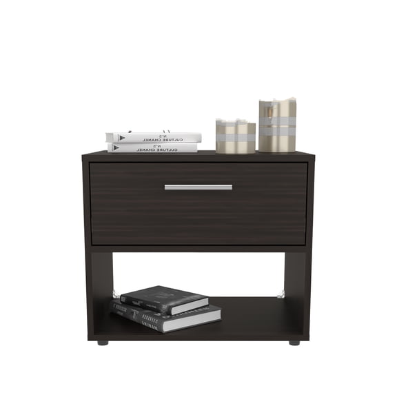 Xukmct Wood Nightstand with 1 Drawer and 1 Open Shelf, Beside Table for Living Room, Bedroom, Dark Brown