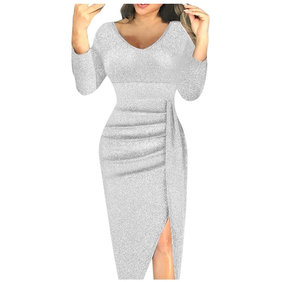 Women's Fall Fashion Long Sleeve Mini Dress Bodycon Short Party Date Night Going Out Dresses Silver
