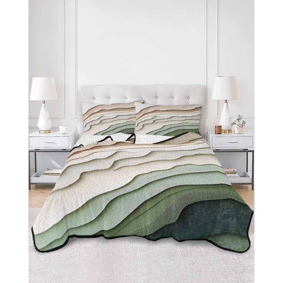 Quilts Twin Size, Sage Green Ombre Soft Comforter Bedding Set for Bed, Modern Abstract Geometric Art Lightweight Quilted Bedspread with Pillow Cover(2 Pieces) for All Season, 68x86 Inch