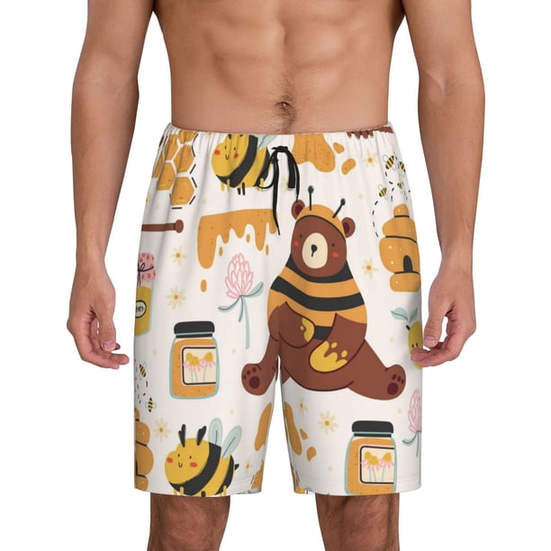 Fotbe Cute Bee Honey Jar Hive Bear Pantalones Cortos de Pijama para Hombre, Ropa de Dormir, Pantalones de Pijama Cortos para Hombre-Large