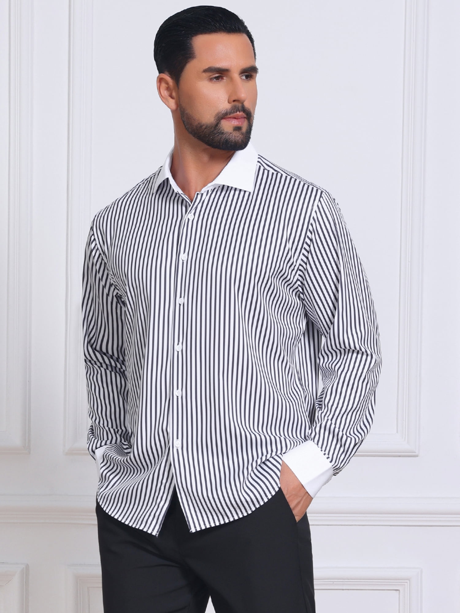 DARING DIVA Men's Striped Button Down Long Sleeve Stretch Shirts L Black