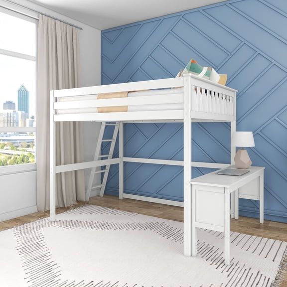 Max & Lily Solid Wood Full Size High Loft Bed with Ladder on End and Desk for Kids, White
