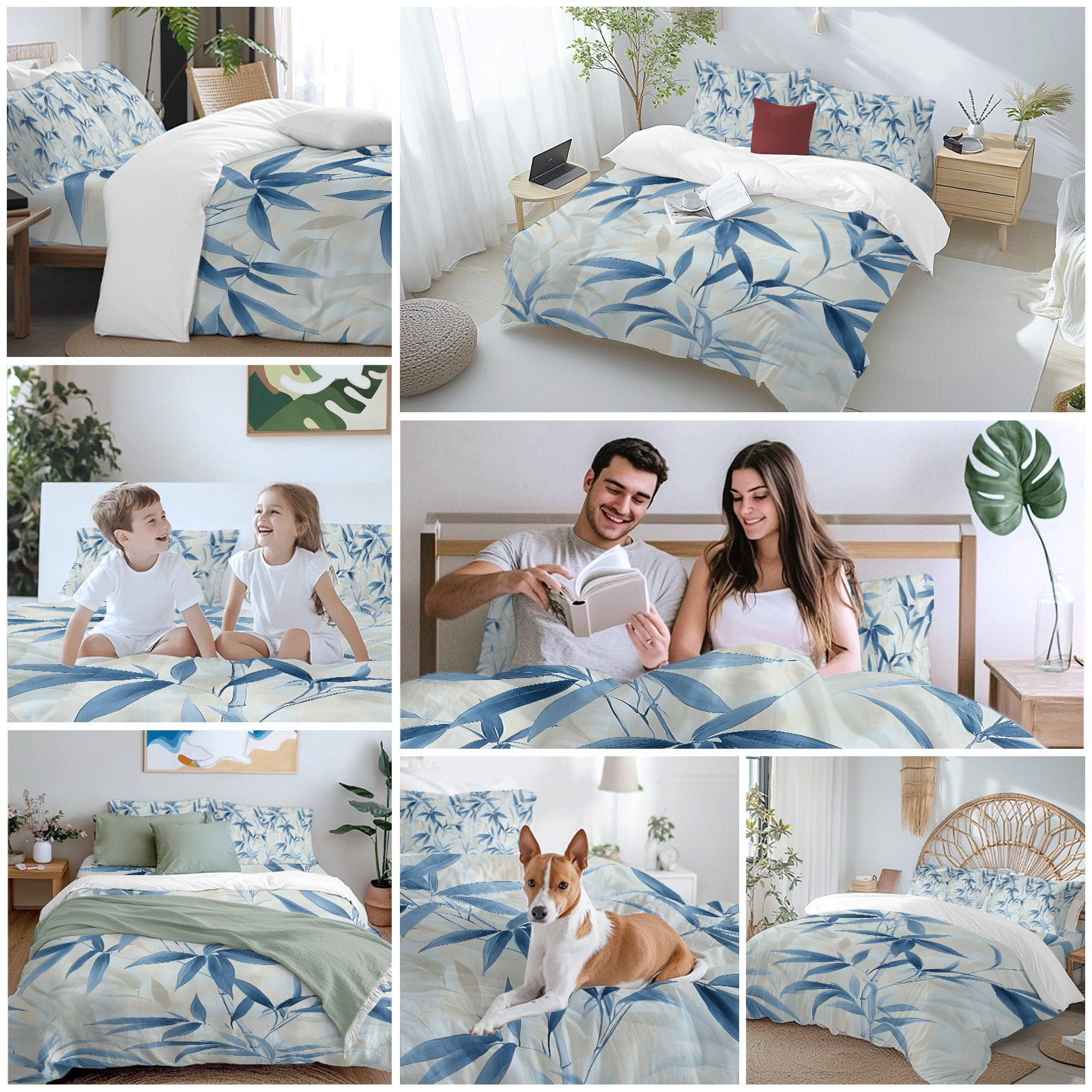 Abstract Bamboos Leaf Queen Duvet Cover Set, Blue Branches Leaves Watercolor 4 Piece Microfiber Bedding Set with Zipper Closure, Bed Sheet and 2 Pillow Shams, Soft Bedding Cover
