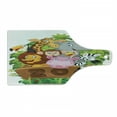 thumbnail image 1 of Zoo Cutting Board, Cartoon Style Pattern of Several Happy Animals of Zoo Fresh Plants Grass Trees Cheerful, Tempered Glass Cutting and Serving Board, Wine Bottle Shape, Multicolor, by Ambesonne, 1 of 1