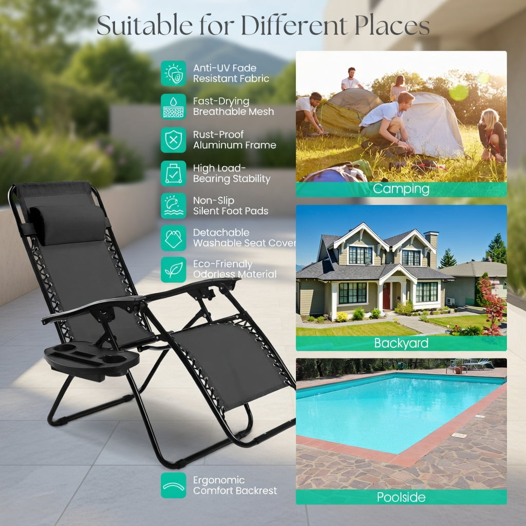 Hommoo 2-Pack Zero Gravity Folding Recliner Lounge Chairs with Adjustable Headrest, Removable Tray & Breathable Waterproof Fabric, Black