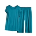 thumbnail image 1 of Annhoo Ensembles Grande Taille pour Femmes Col Rond Manches Courtes Pjs Taille Haute Shorts Larges Décontractés Couleur Unie 2 Pcs, 1 of 8