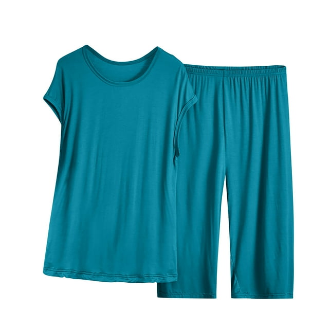 Annhoo Ensembles Grande Taille pour Femmes Col Rond Manches Courtes Pjs Taille Haute Shorts Larges Décontractés Couleur Unie 2 Pcs