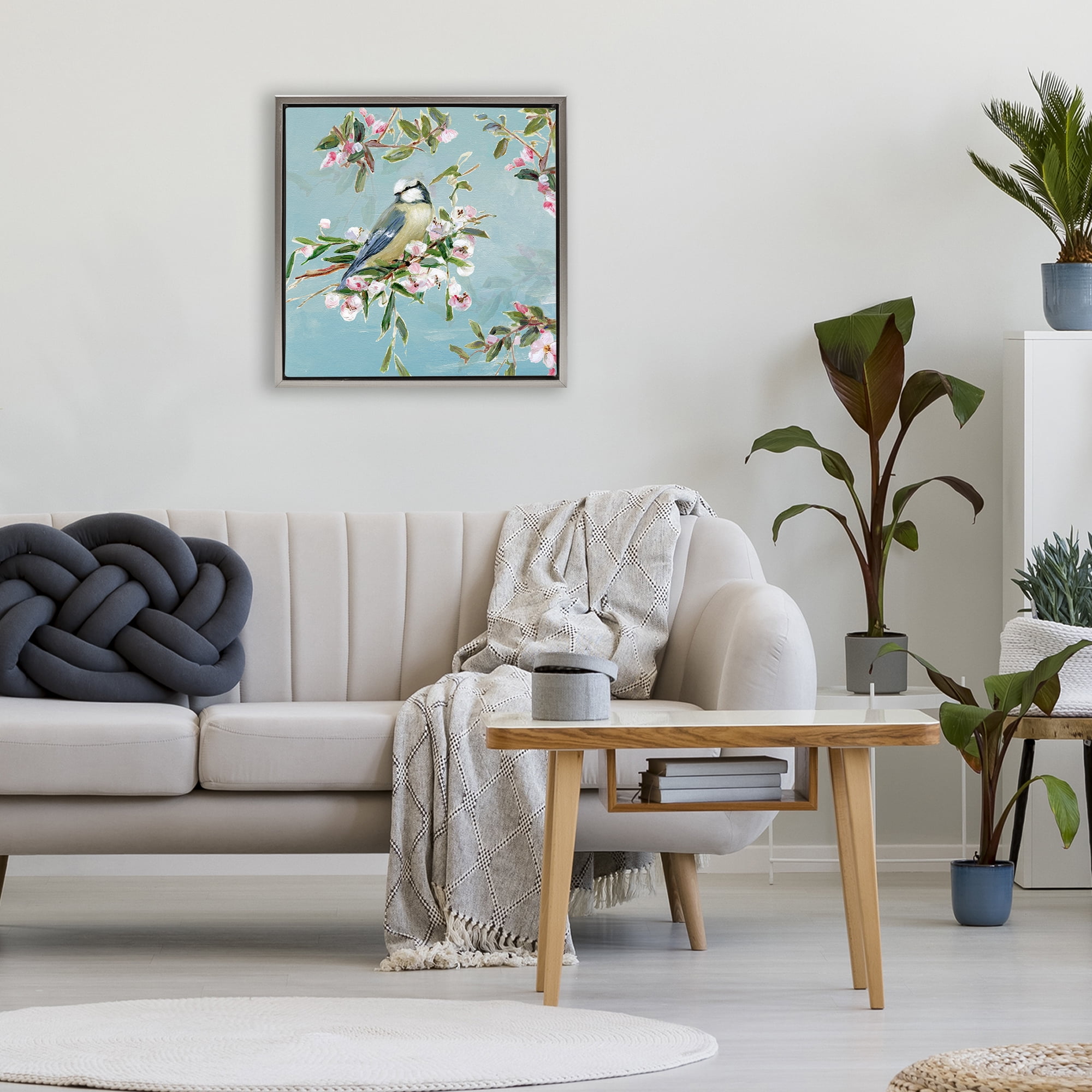 Stupell Industries Songbird Perched on Blooms Gray Framed Floater Canvas Wall Art, design by Sally Swatland