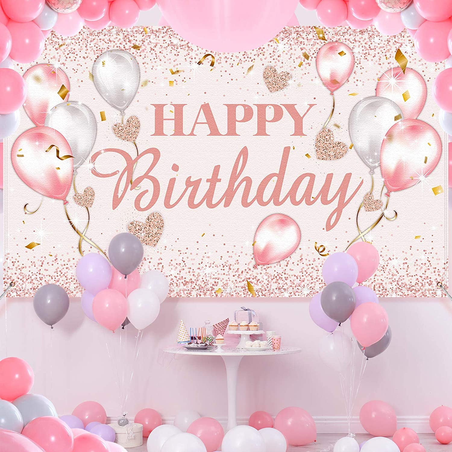 Boule A Facette Toile De Fond Rose Et Or Rose - 1,5 X 0,9 M - Décoration De Fête  D'anniversaire Pour Femmes Et Filles - Bannière « Happy Birthday » - Fond  De Photographie Helium Pour Ballon, image size:1500x1500