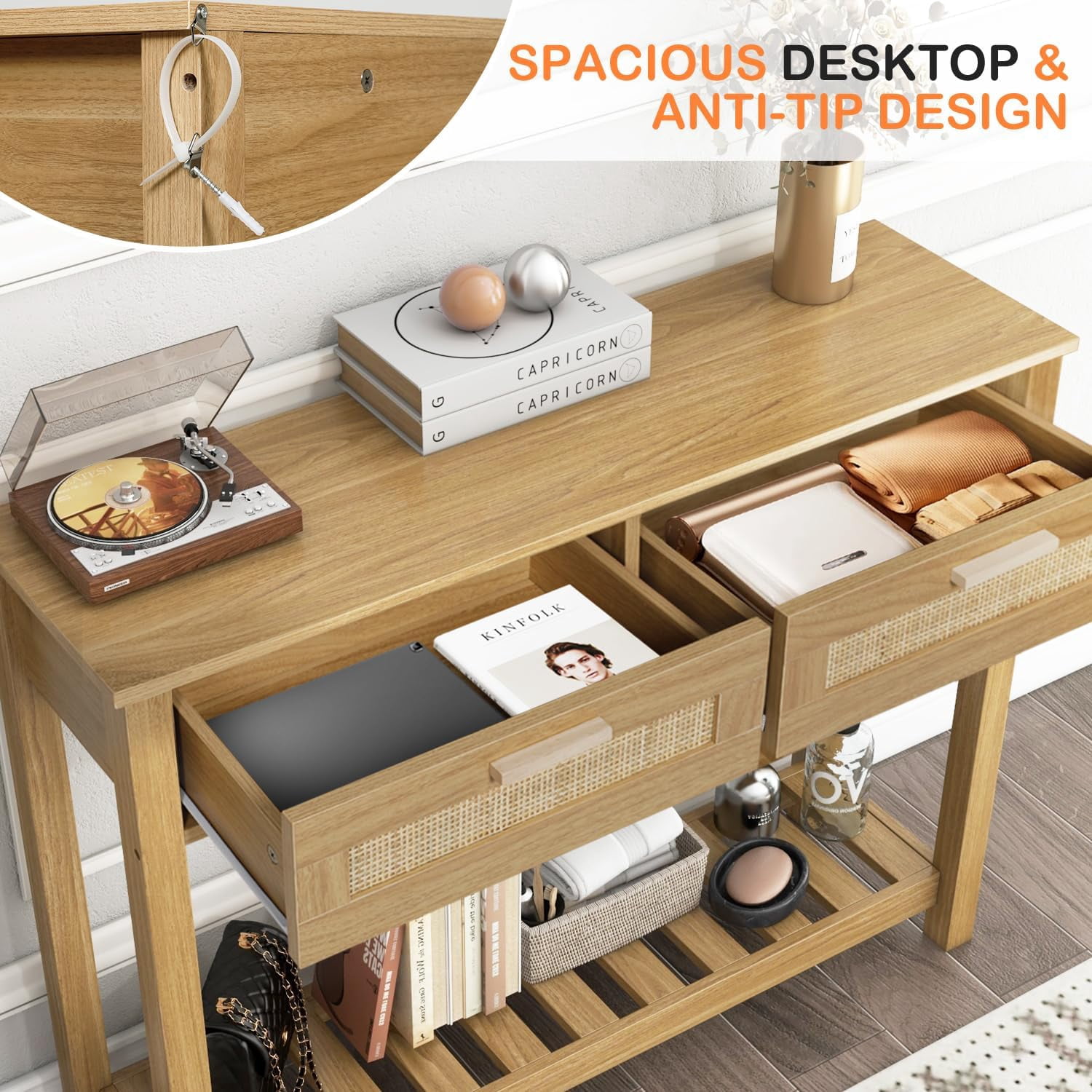 AODAILIHB Wooden Console Sofa Table，Rattan Entryway Table with 2 Drawers and Storage Open Bookshelf