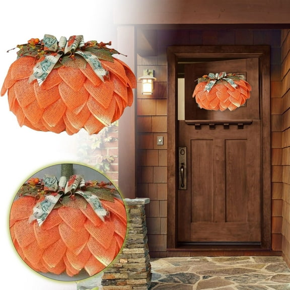 Burlap Pumpkin Wreath for Fall Decor with Berry Accents Fall Wreath Hanger for Front Door Farmhouse Style Door Wreath for Thanksgiving Halloween 16*16 In