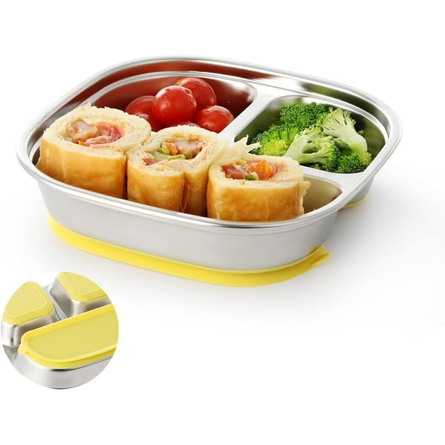 Wekvgz Assiettes pour Enfants en Acier Inoxydable Compartimentées Assiette pour Enfant en Métal Conçue Sécuritaire Polyvalente Assiettes Compartimentées en Acier Inoxydable Réutilisables Assiettes à Succion pour Bébé en Acier Inoxydable Facile à Nettoyer Assiette pour Tout-Petit pour Enfants