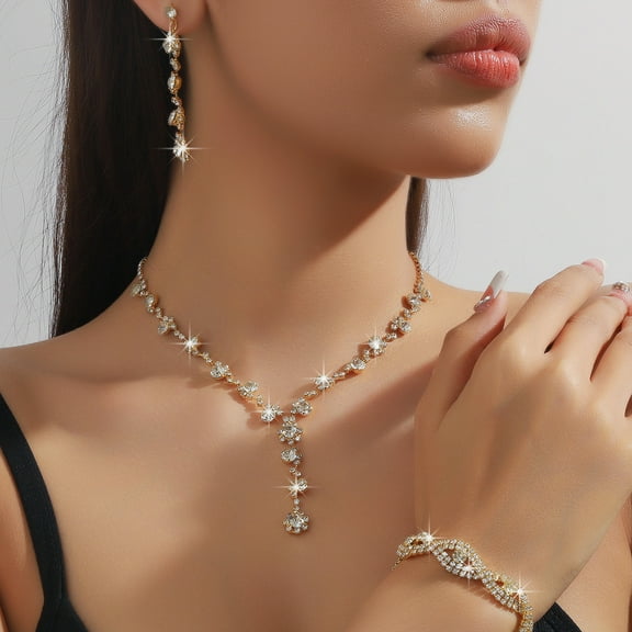 Faty-T Prom Jewelry Sets Silver Jewelry Set for Brides Bridesmaid Elegant Crystal Prom Earrings Necklace Bracelet Set Bridal Wedding Prom Dresses Costume Jewelry for Women