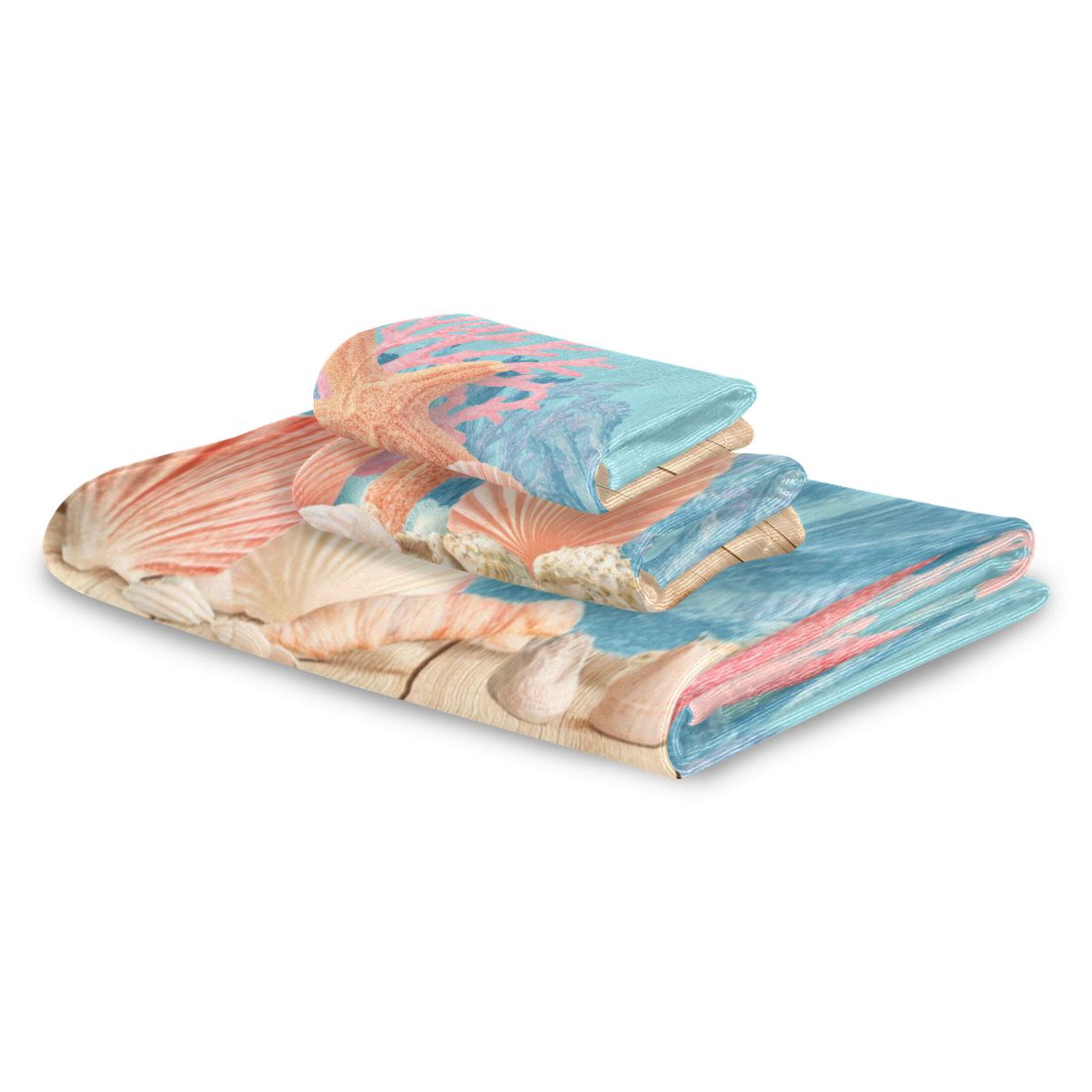 3 Piece Bath Towels Set Bath Towel, Hand Towel and Face Towel for Bathroom, Gym, Hotel Colorful Starfish and Seashells