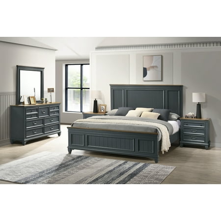 Roundhill Furniture Clelane Wood Bedroom Set with Shiplap Panel King Bed Dresser Mirror and Two Nightstands in Slate Blue