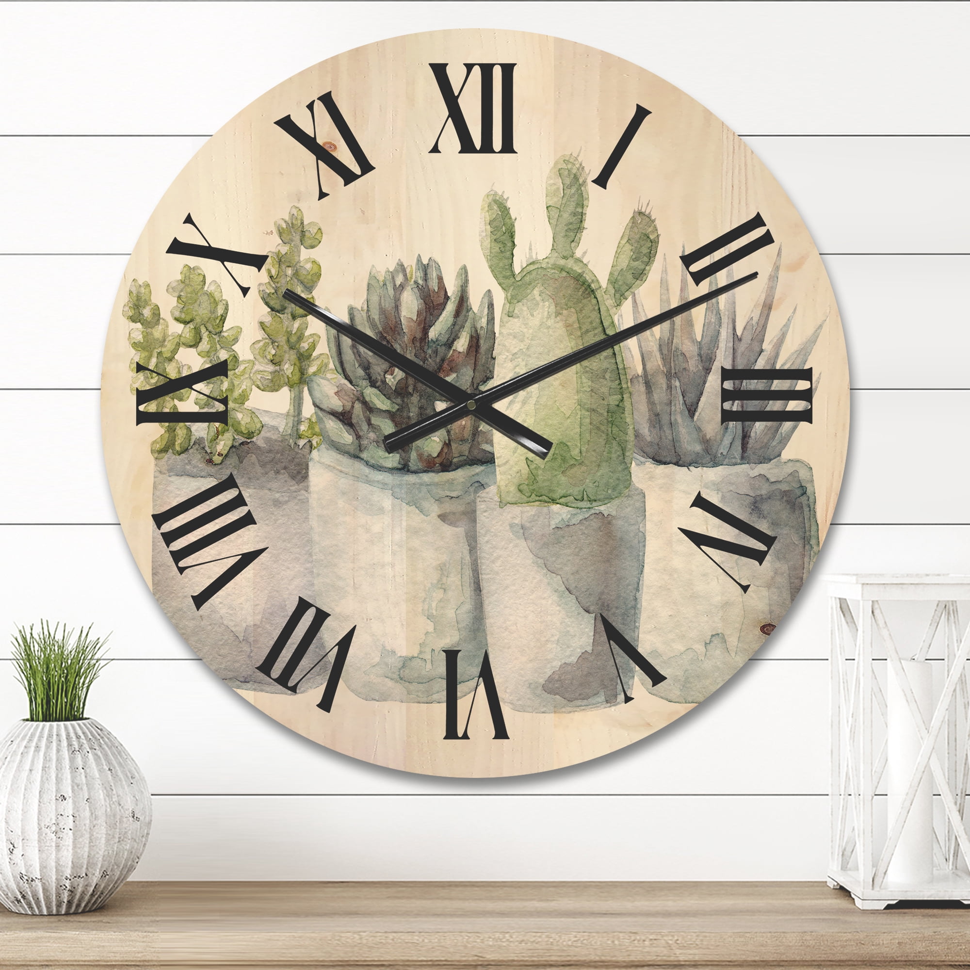 Designart 'Succulent and Cactus House Plants I' Farmhouse Wood Wall Clock